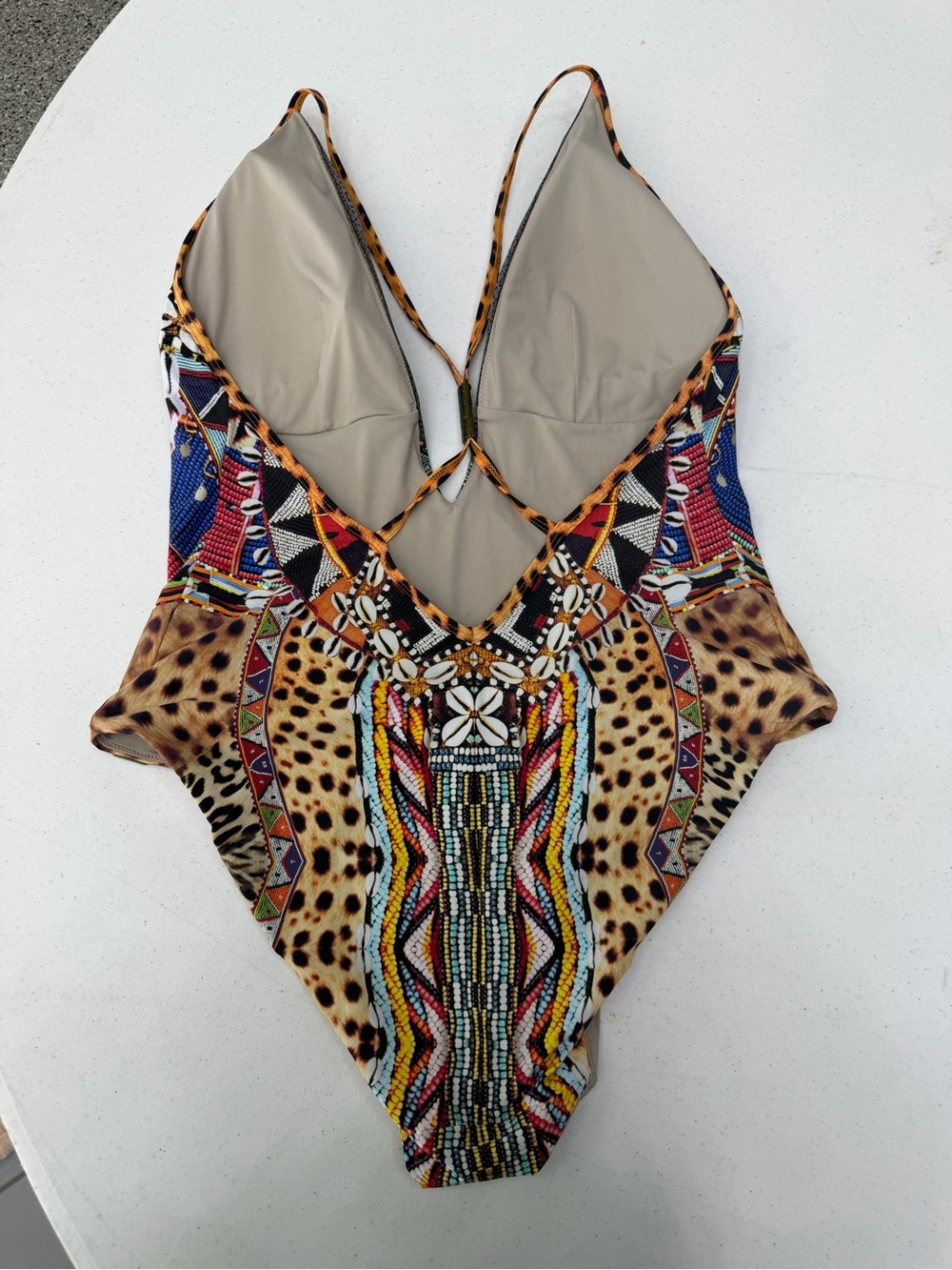 Camilla Deep V Plunge One Piece Swimsuit Animal Print Beaded Boho Luxury size L - Picture 2 of 2